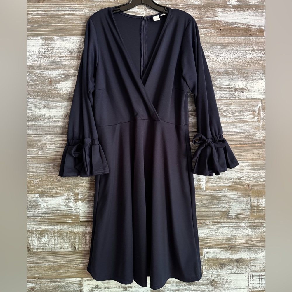 Lost Inc, Navy Blue v-neck dress, with bow ties at cuffs on sleeves
